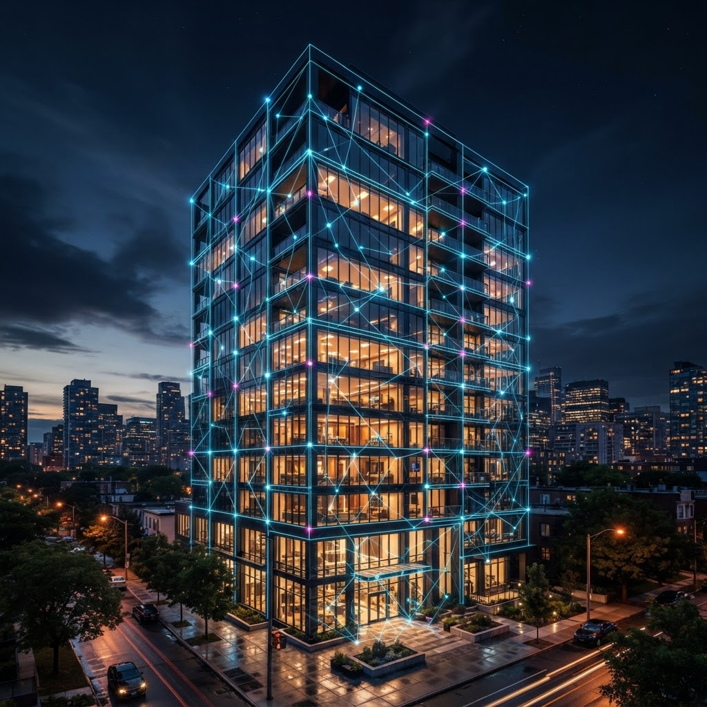 Tour de bureaux moderne au crépuscule avec un réseau lumineux de connexions superposé à sa façade